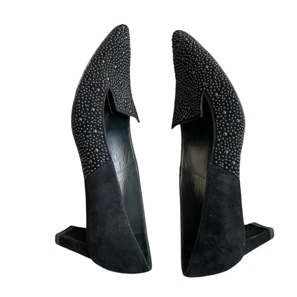 Stuart Weitzman Studzie Patent Dress Pumps 7.5M Black Suede Leather Glam Chic